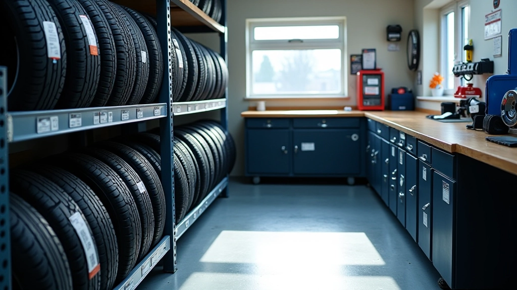Organized garage storage area with labeled seasonal tyre stacks and maintenance equipment