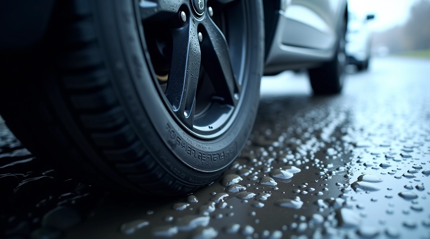 Close-up of winter tyre tread pattern on wet road surface during heavy rainfall