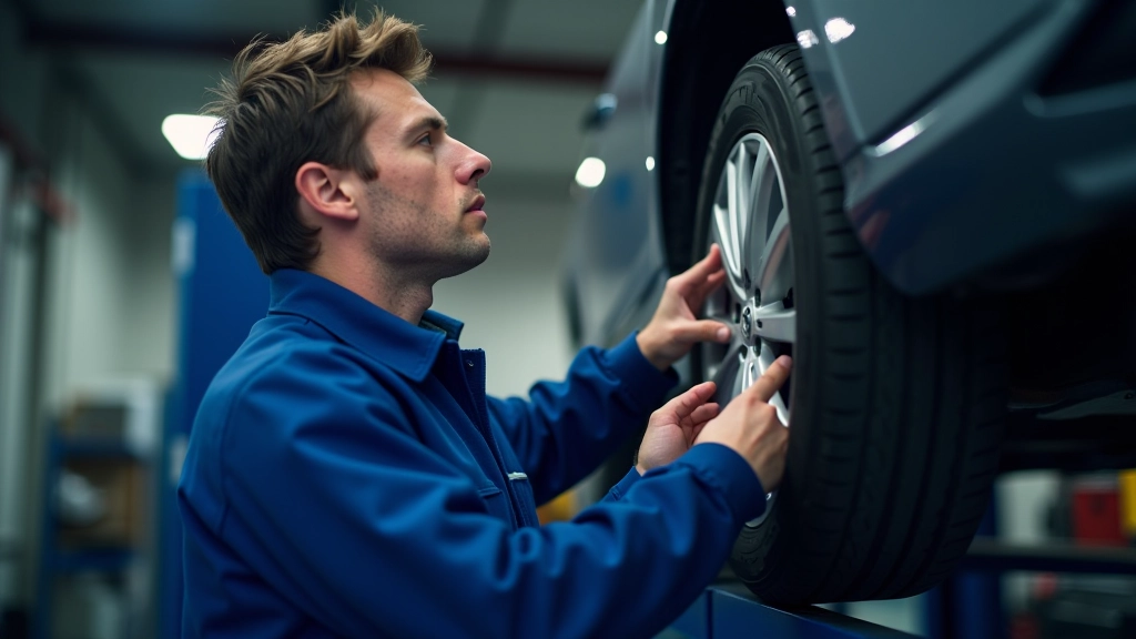 Close-up of professional wheel alignment equipment being adjusted on vehicle