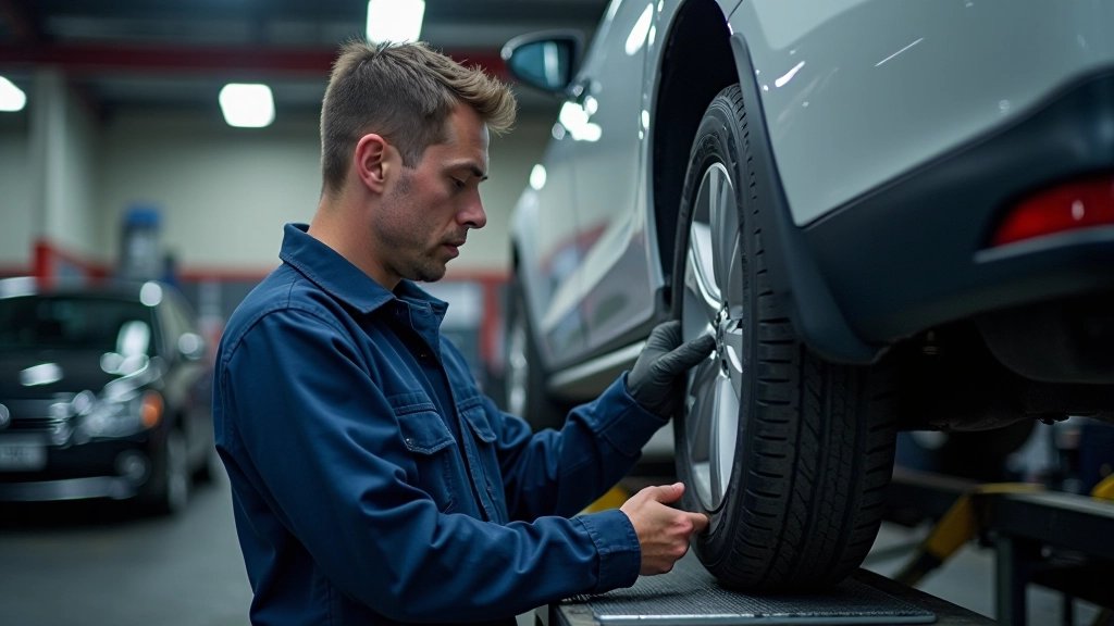 Mechanic adjusting wheel alignment equipment on vehicle suspension system