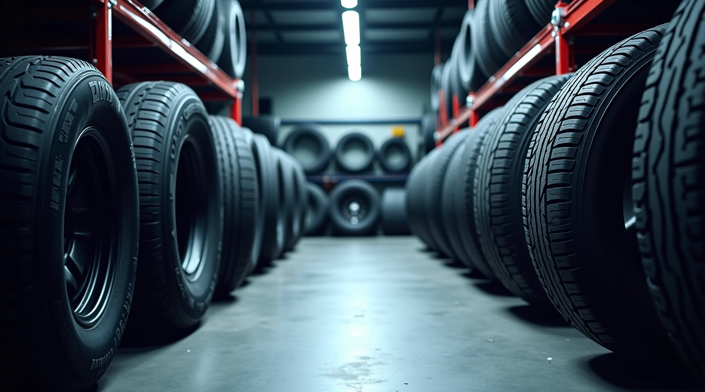Professional tyre service technician preparing seasonal tyres for installation