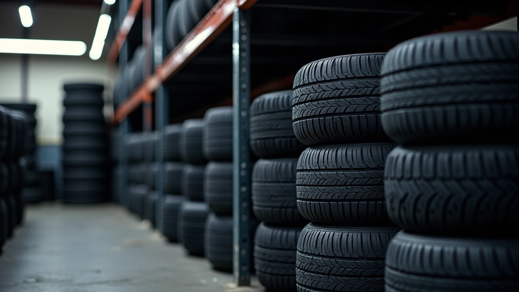 Stacked summer and winter tyres stored in organized garage space with labels